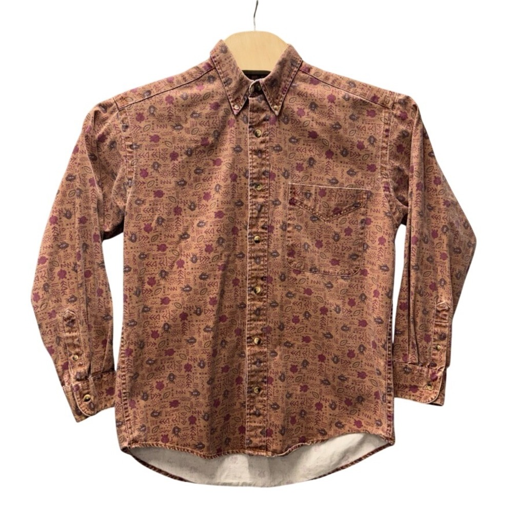 Madison Trader Mens Medium Washed Cotton Denim Tribal Print Button Down Shirt